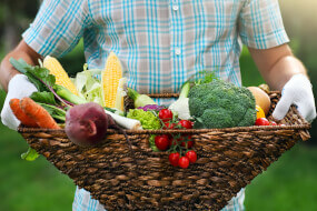 Man carrying large wicker basket full of fresh vegetables