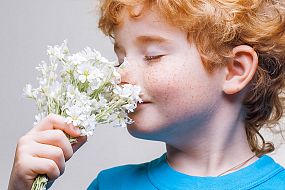 Ginger boy smelling white flowers