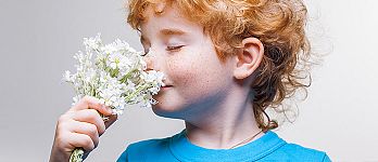 Ginger boy smelling white flowers Ginger boy smelling white flowers